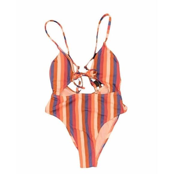 NWT! Ribbed Tie-Front One Piece‎ Swimsuit Xhilaration Small Bathing Suit Cut-out - Picture 1 of 6